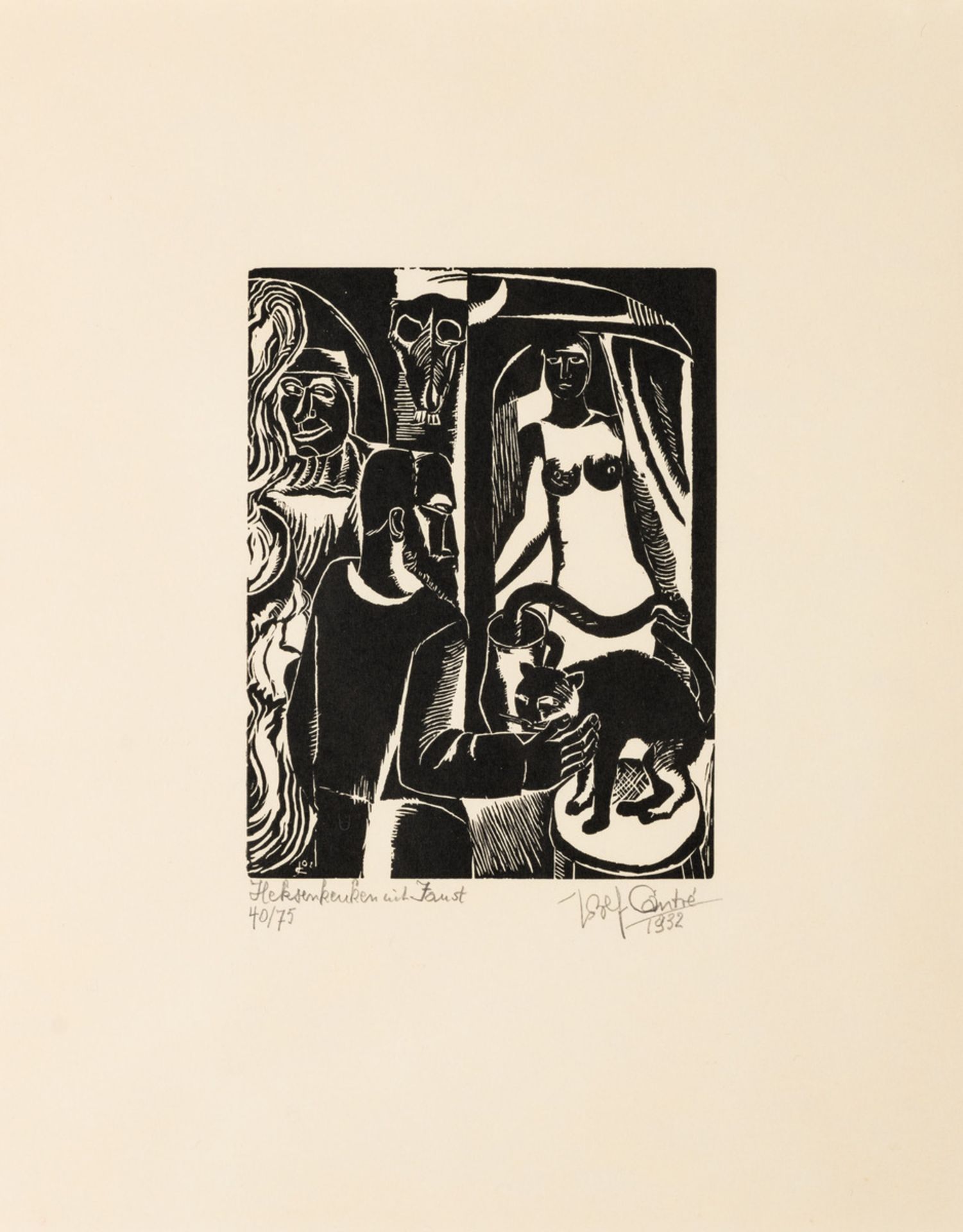 Jozef Cantré 1932: (woodcut) 'witches' kitchen' (leaf h44x36cm)