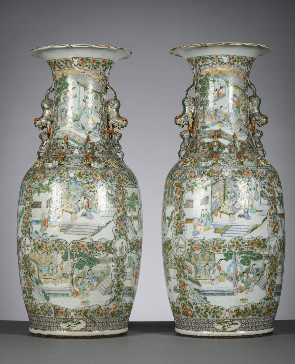 A pair of large Canton famille verte vases in Chinese porcelain, 19th century (h90cm) (*)