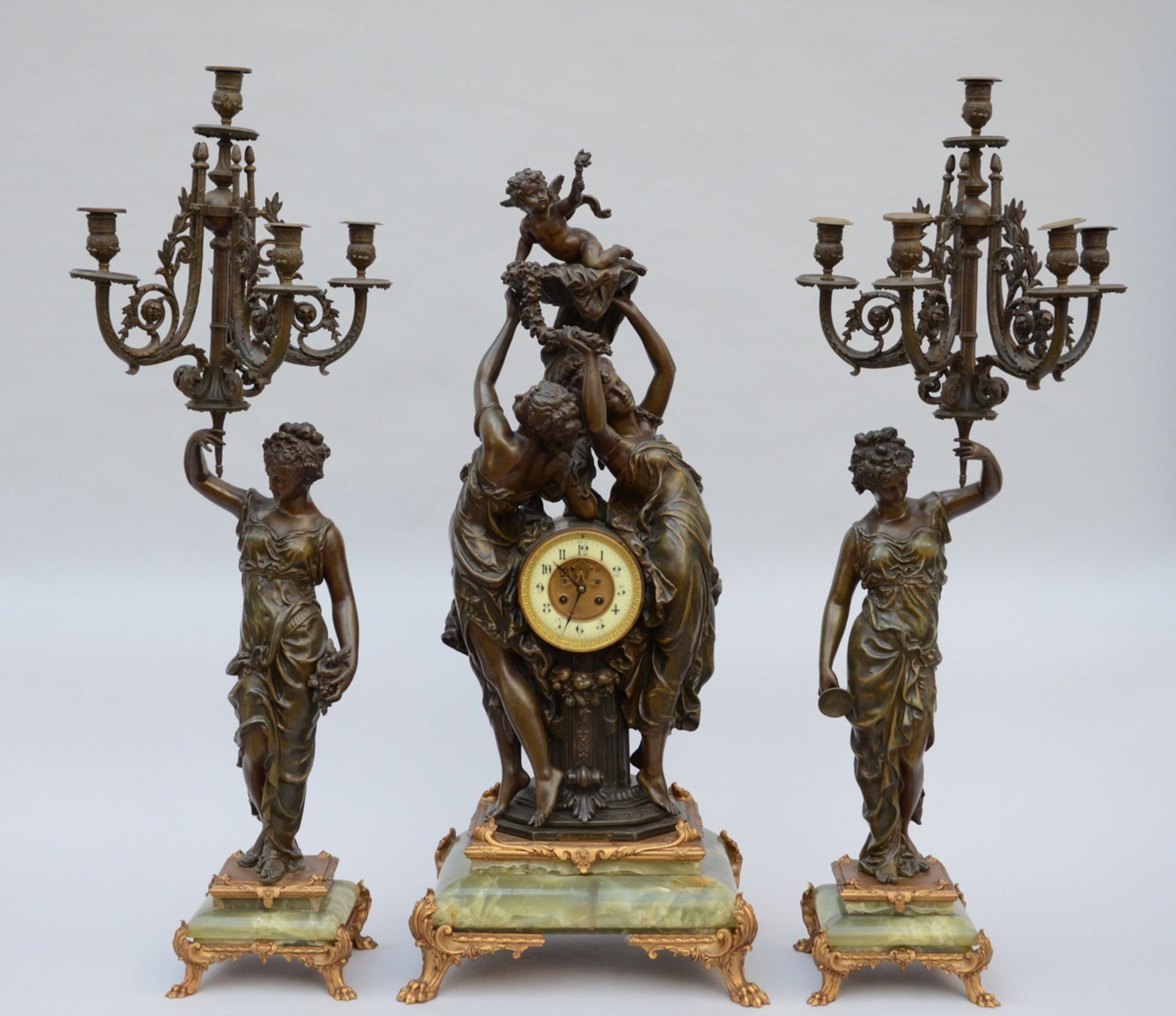 Hippolyte Moreau: a large clockset in zamack (clock h86cm) (candlesticks 106cm) (*)