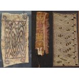 Lot 3 textile fragments: pre Columbian, ethnic drawing, African raffia textile