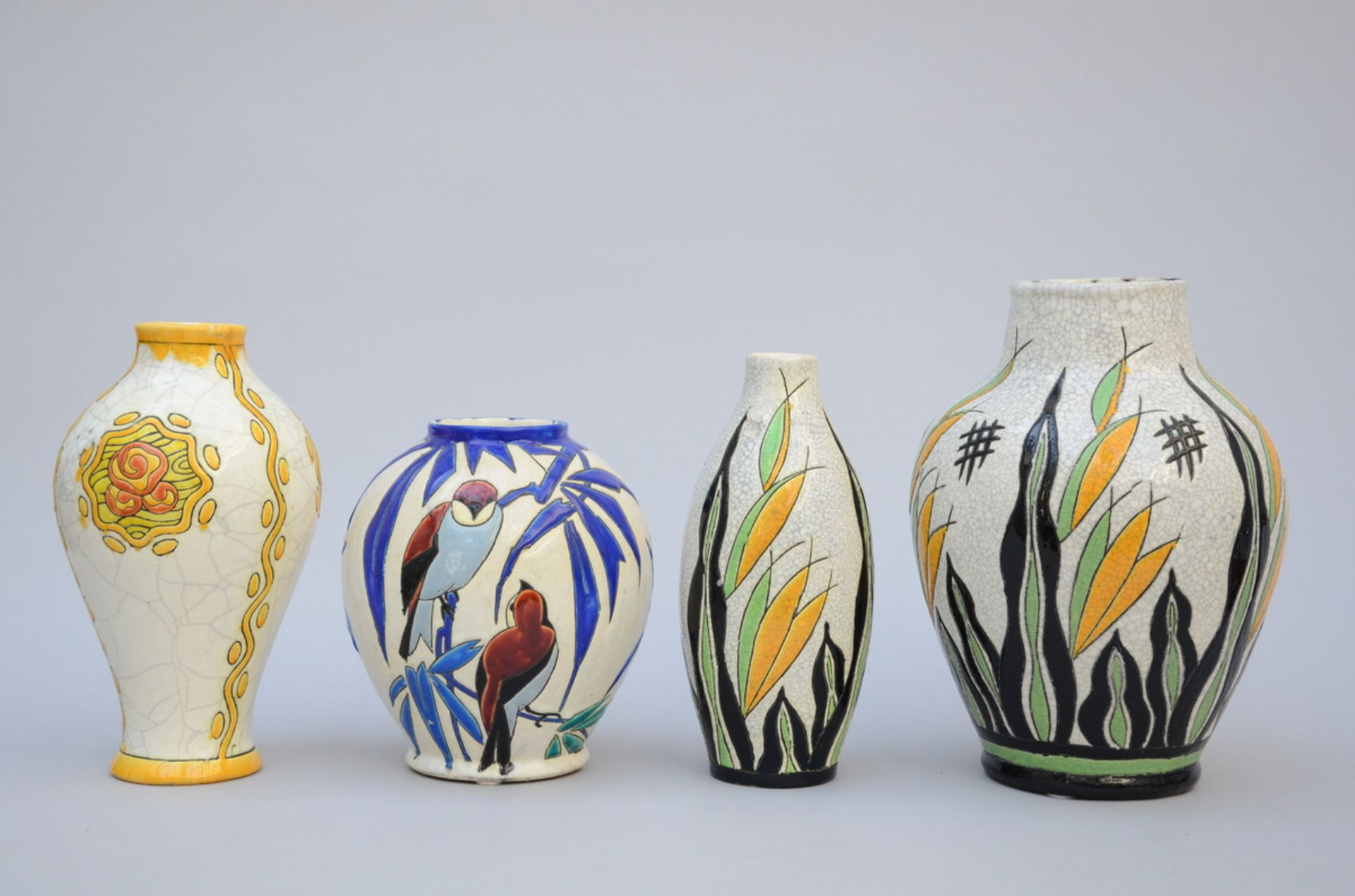 4 Art Deco vases, Boch Keramis D750 D1322 D1208 (h22.5 to 32cm)