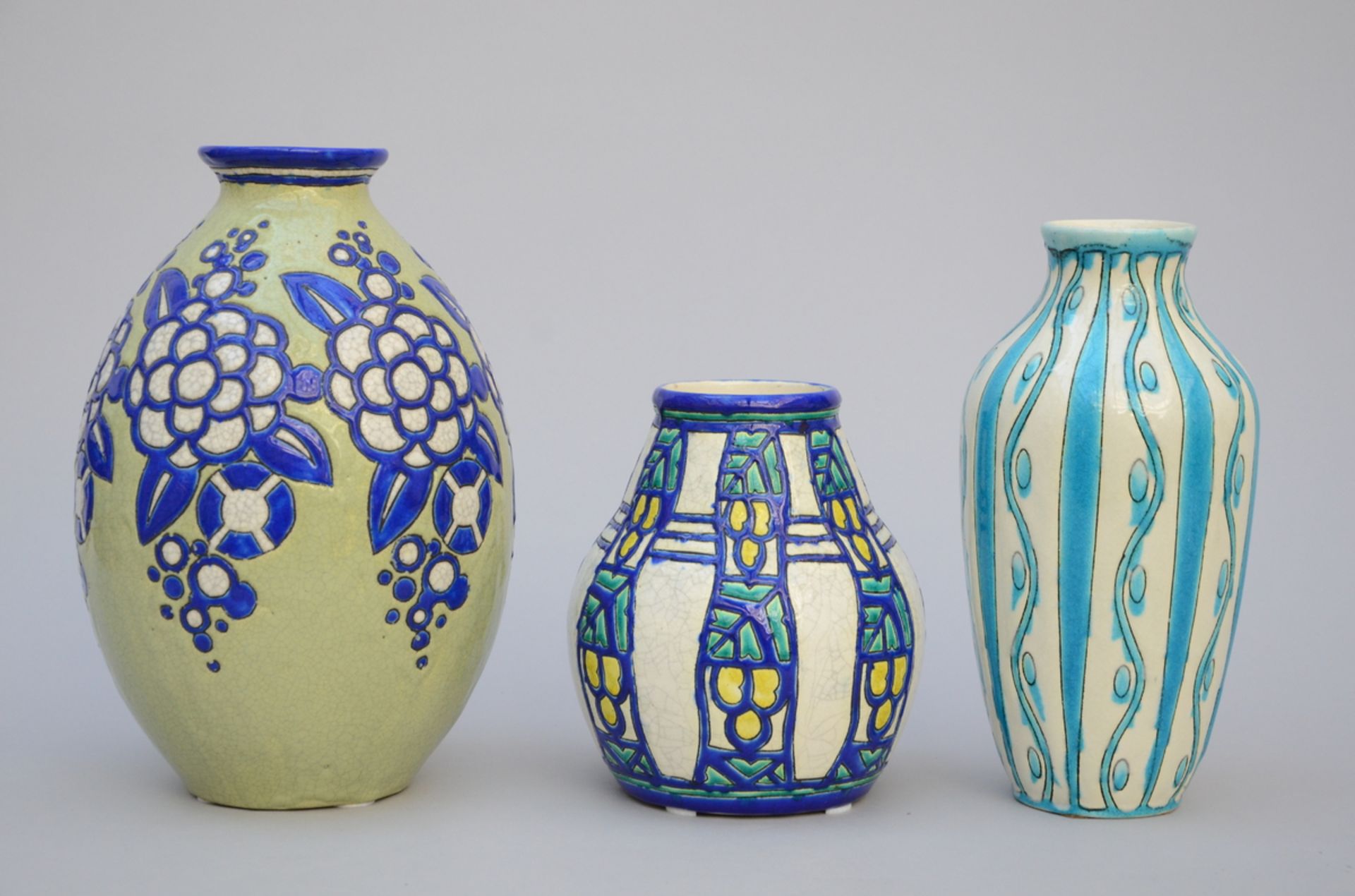 3 Art Deco vases, Boch, Charles Catteau, D952 D1121 D734 (h20 to 31cm)