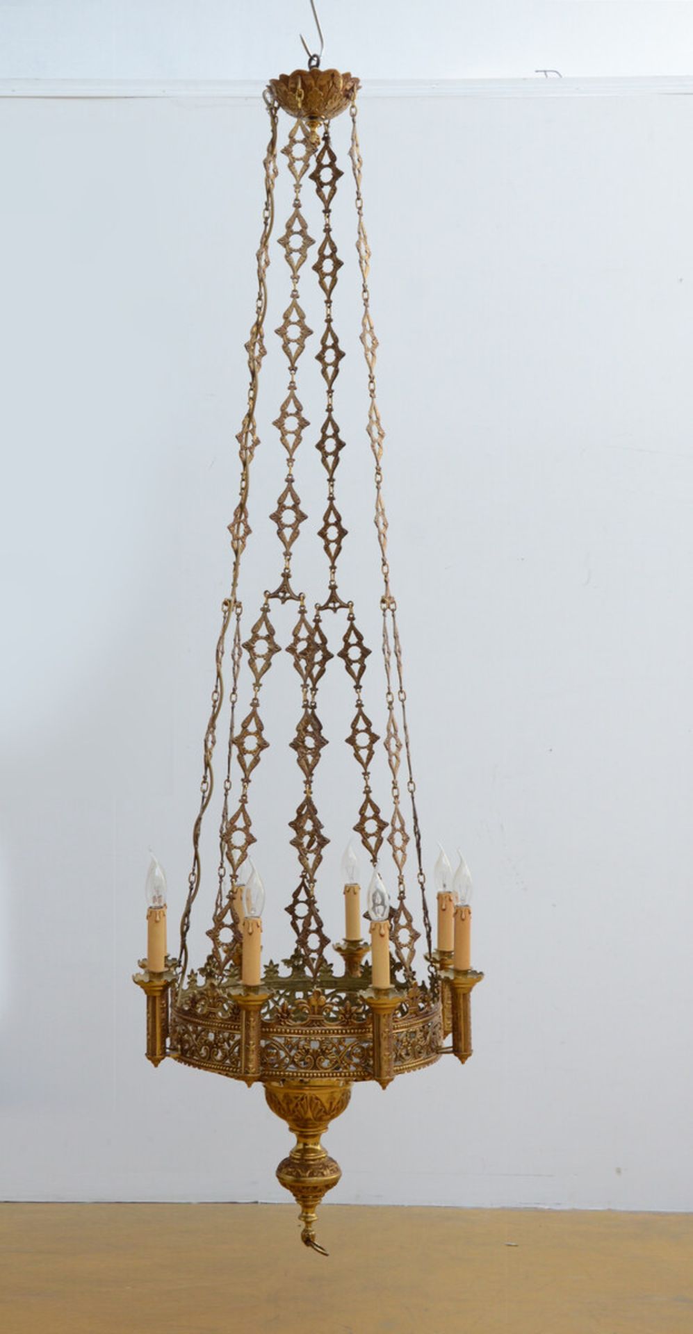 A Gothic revival chandelier in bronze with porcelain plaques (dia 60cm)