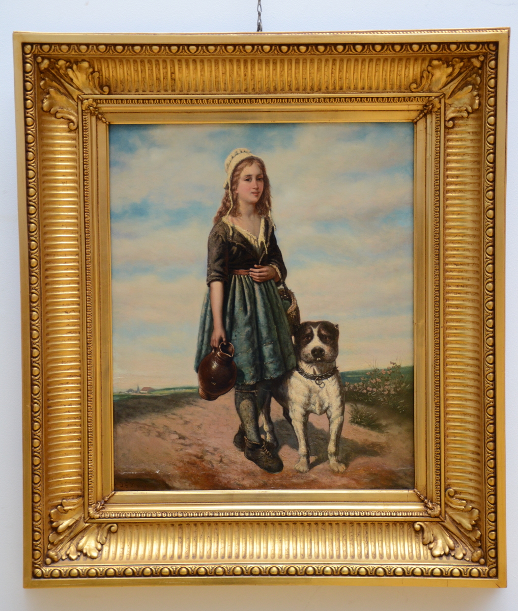 J.G. Buisson: painting (o/p) 'girl with her dog' (50x41cm) - Image 2 of 4