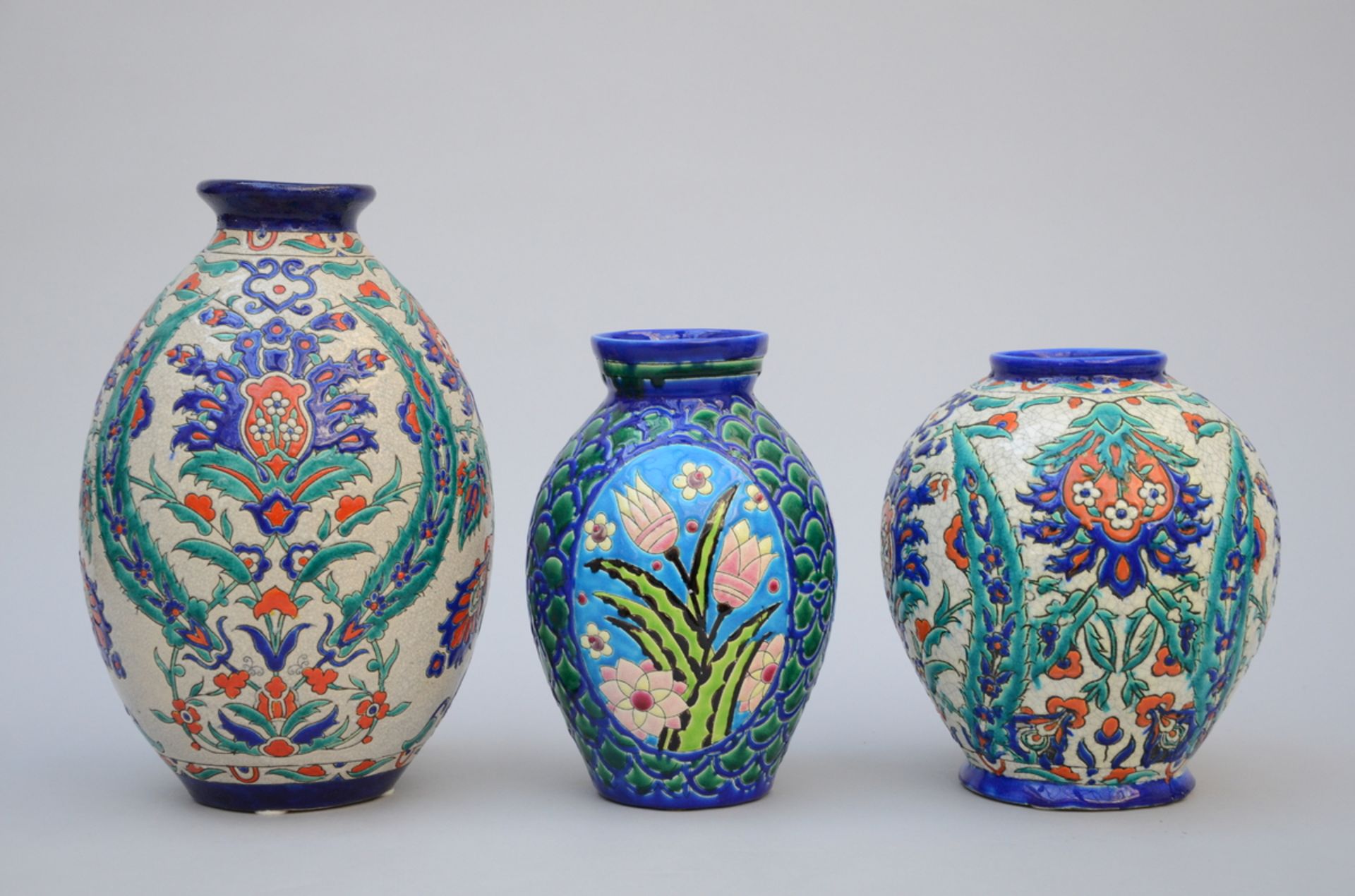 3 Art Deco vases including two with Iznik decoration, Boch Keramis D26 D69 D2208 (h23 to 32cm)