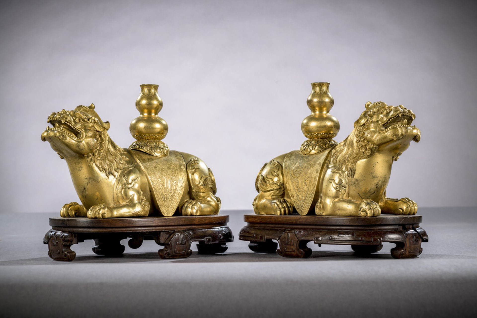 A fine pair of gilt bronze mythical lions on hardwood stands, China Qing dynasty (14.5 x 22.5 x 10 - Image 4 of 6