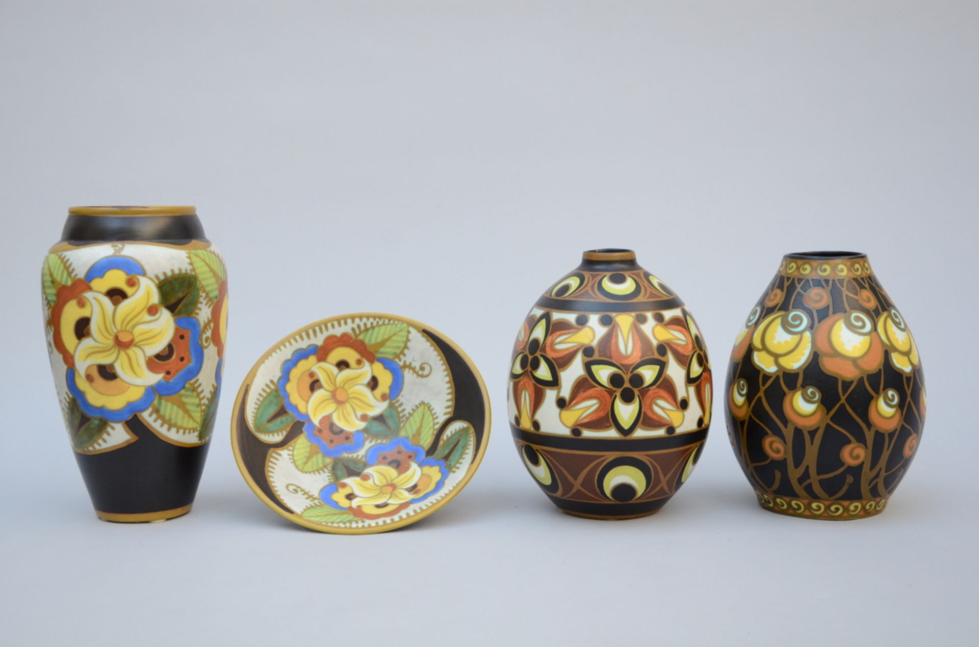 3 Art Deco vases + bowl, Boch Keramis, D2061 D1739 D959, (dia25) (h26-30cm)