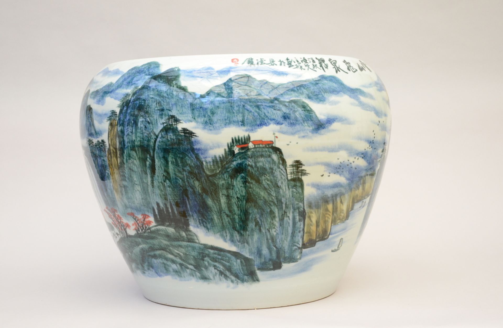 A large planter in Chinese porcelain 'rock landscape' (H49 dia 65 cm)