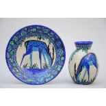 Art Deco vase and plate in crackle glaze, Boch, 'deer' D943, (dia33cm) (h23.5cm)