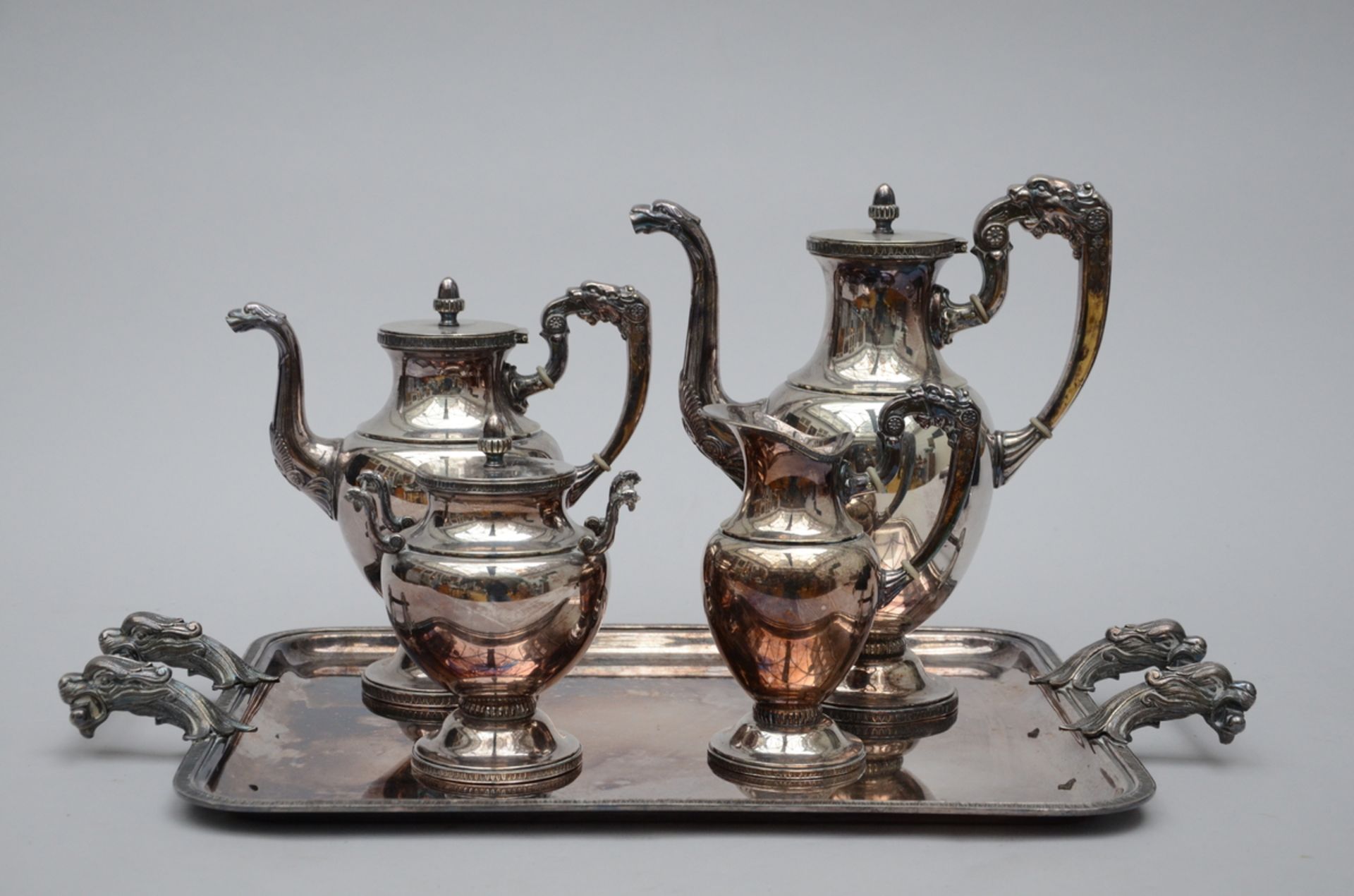 Silver plated coffee service on a tray, Wiskemann (jug H29cm) tray (59x35.5cm)