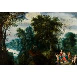 Attributed to Alexander Keirincx (17th century): painting (o/p) 'rest during the flight to Egypt' (