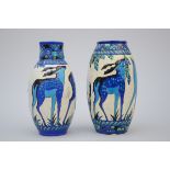 2 Art Deco vases in crackle glaze, Boch, Charles Catteau, 'deer' D943, (h29+30cm)