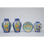 3 Art Deco vases + dish with crackle, Boch Keramis D2779 D2810 D2542 (Dia 24cm) (h23.5 to 31.