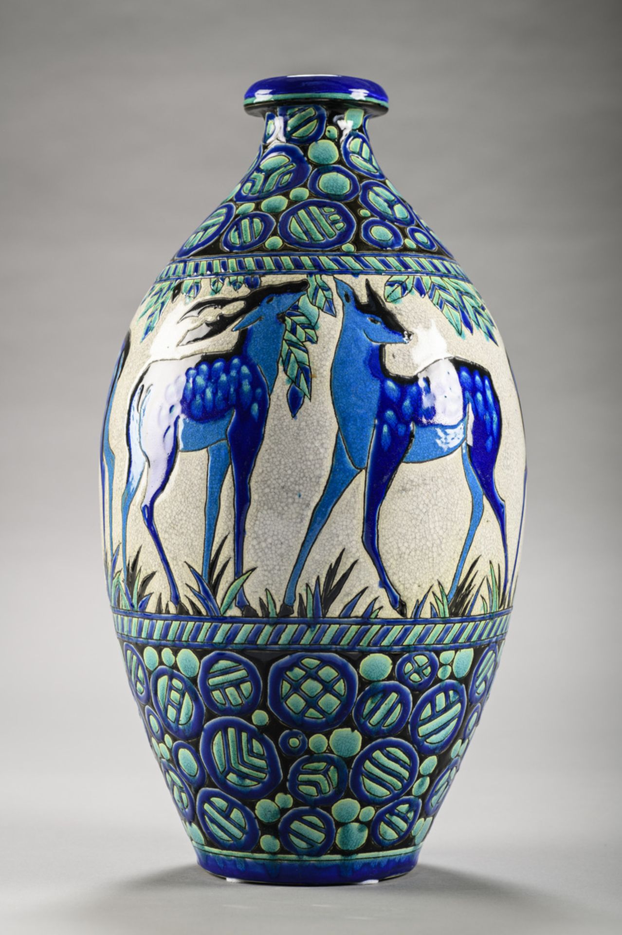 Large Art Deco crackle glaze vase Boch, Charles Catteau 'deer' D943 (h49cm)