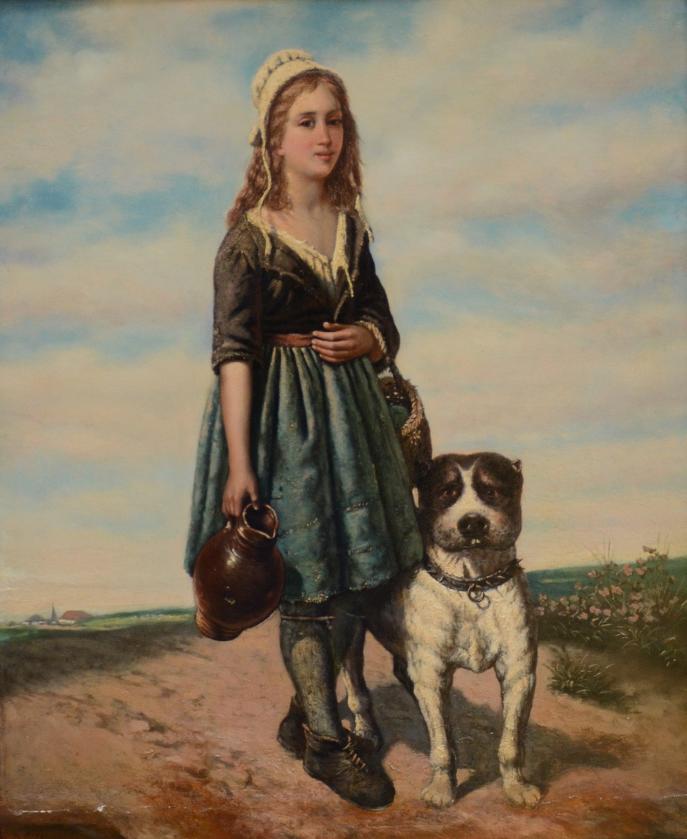 J.G. Buisson: painting (o/p) 'girl with her dog' (50x41cm)