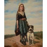 J.G. Buisson: painting (o/p) 'girl with her dog' (50x41cm)