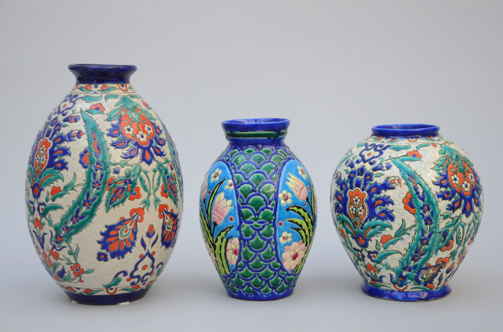 3 Art Deco vases including two with Iznik decoration, Boch Keramis D26 D69 D2208 (h23 to 32cm) - Image 2 of 3