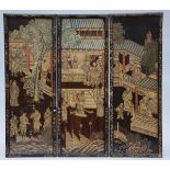 Three panels in Coromandel lacquer 'audience' (113x40cm)