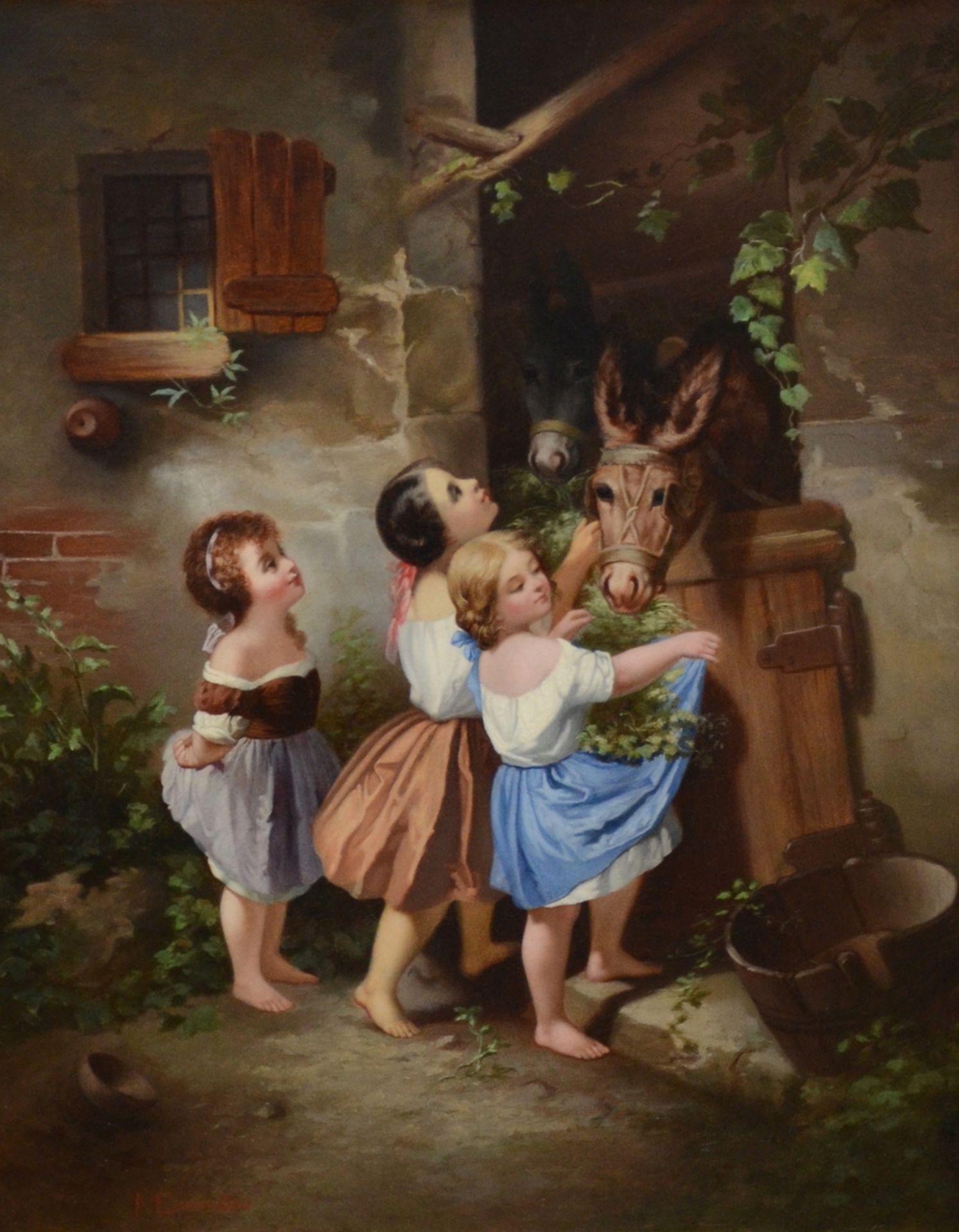 Anonymous 1860: painting (o/c) 'girls with donkeys' (41x33cm)