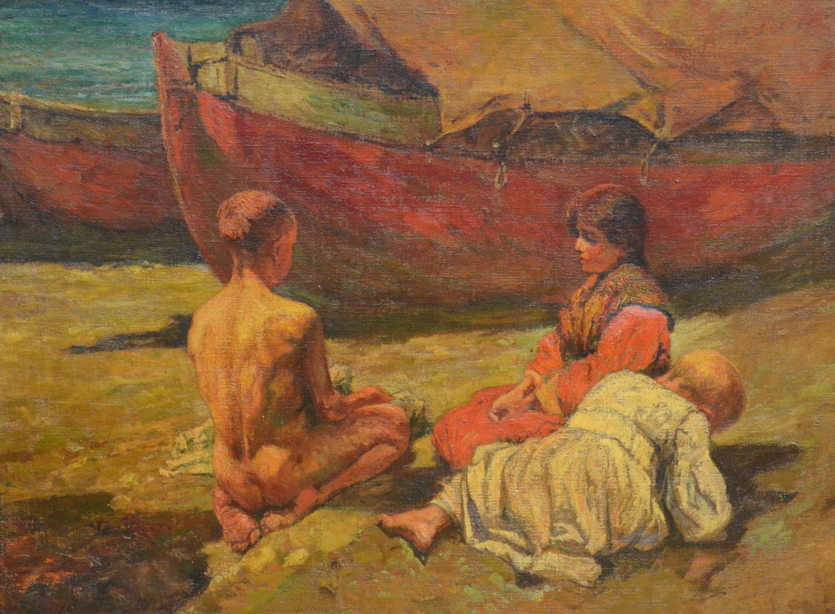 Delville: painting (o/c) 'Children on the beach' (100x135cm)