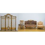 Lot gilt furniture in Louis XVI style: canapé + fauteuil + 2 chairs + gilt room divider (*)