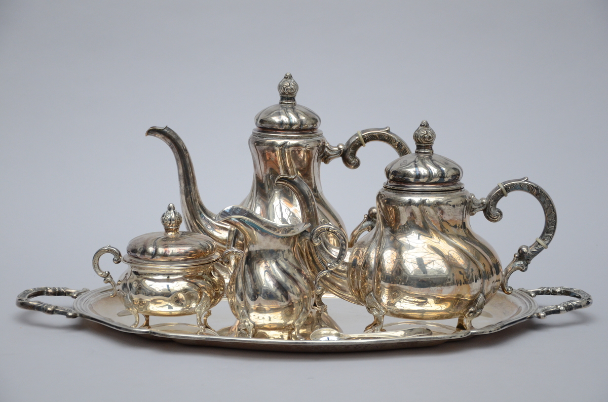 Coffee and tea set in silver on platter (925/1000 - Sterling)