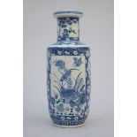 Chinese rouleau vase in blue and white porcelain 'flowers', 19th century (h47cm)