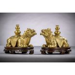 A fine pair of gilt bronze mythical lions on hardwood stands, China Qing dynasty (14.5 x 22.5 x 10