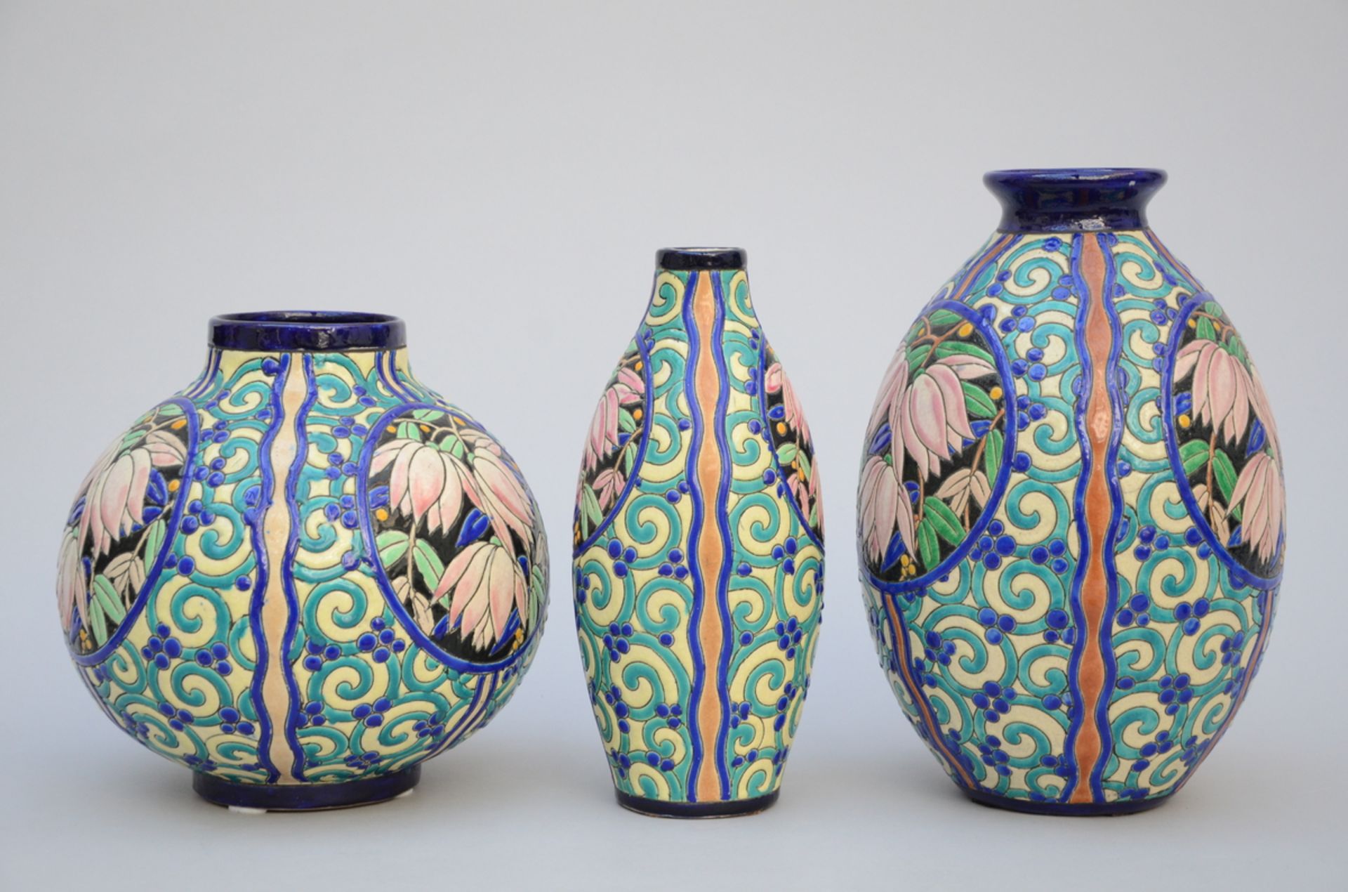 3 Art Deco vases, Boch 'flowers' D2809 (h24 to 31cm) (*) - Image 2 of 3