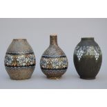 3 Art Deco vases in stoneware Keramis, 'flowers and grapes' D622,D622,D642 (h23.5+24+26cm)