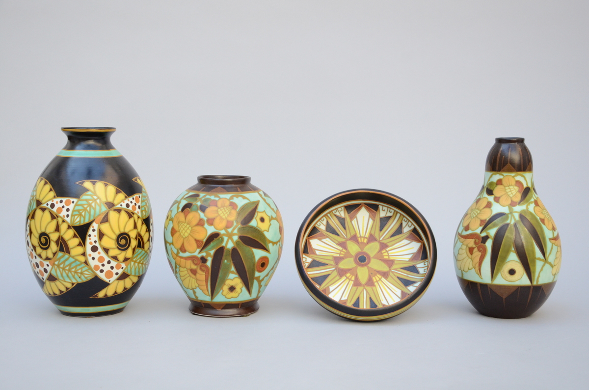 3 Art Deco vases + bowl, Boch Keramis, D1084 D1847 D1233 (dia23cm) (h14 to 31cm) - Image 2 of 3
