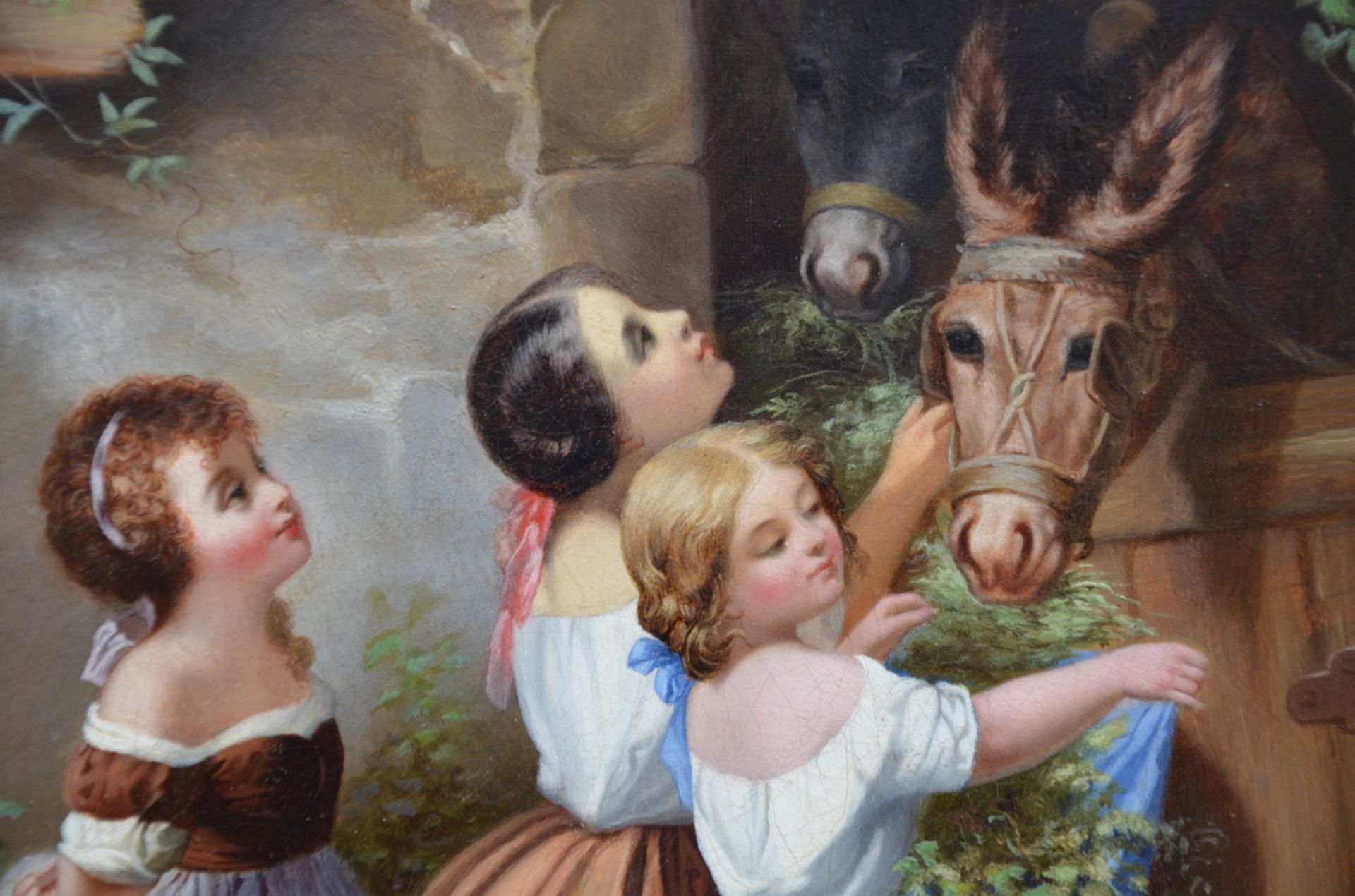 Anonymous 1860: painting (o/c) 'girls with donkeys' (41x33cm) - Image 2 of 5