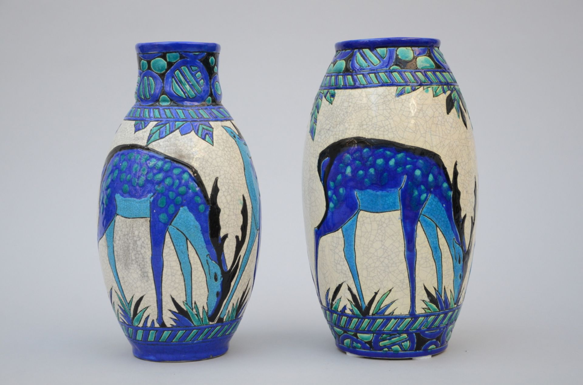 2 Art Deco vases in crackle glaze, Boch, Charles Catteau, 'deer' D943, (h29+30cm) - Image 2 of 4