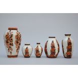 5 Art Deco vases, Boch, 'orange flowers' D1065 D1173 (between h16-35cm) (*)