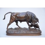 Charles Valton: bronze sculpture 'bull with dog' (25x40x16cm)