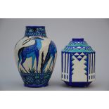 1 rectangular + 1 round Art Deco vase, Boch Keramis D943 D1182 (h25 & 31cm)