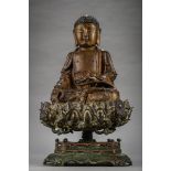 A large laquered bronze sculpture Buddha Shakyamuni on lotus throne, Ming dynasty (total height 48