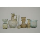 Lot: 6 glass vase Roman (?) (h 9 to 15 cm)