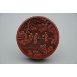 A Chinese red lacquer box 'sages' 19th century (h6 x dia15.5cm)