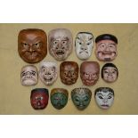 Collection of masks: 9 Japanese and 4 Balinese masks (from 15 to 27cm)
