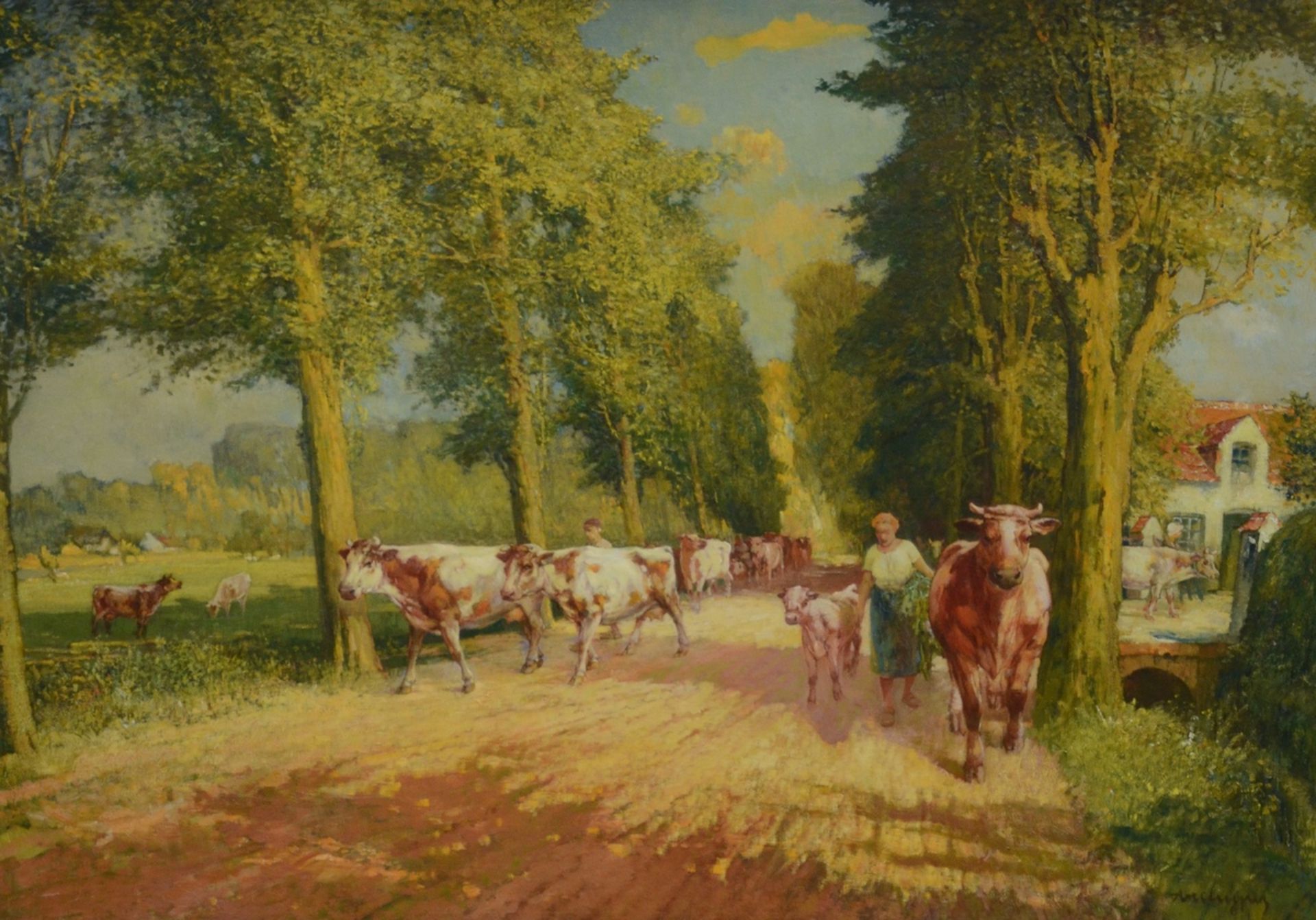 Alfons De Cuyper: large painting (o/c) 'Landscape with cows' (120x170cm)