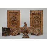 Lot: 2 Gothic panels (h44.5) oak dove (h28) and base (h14)