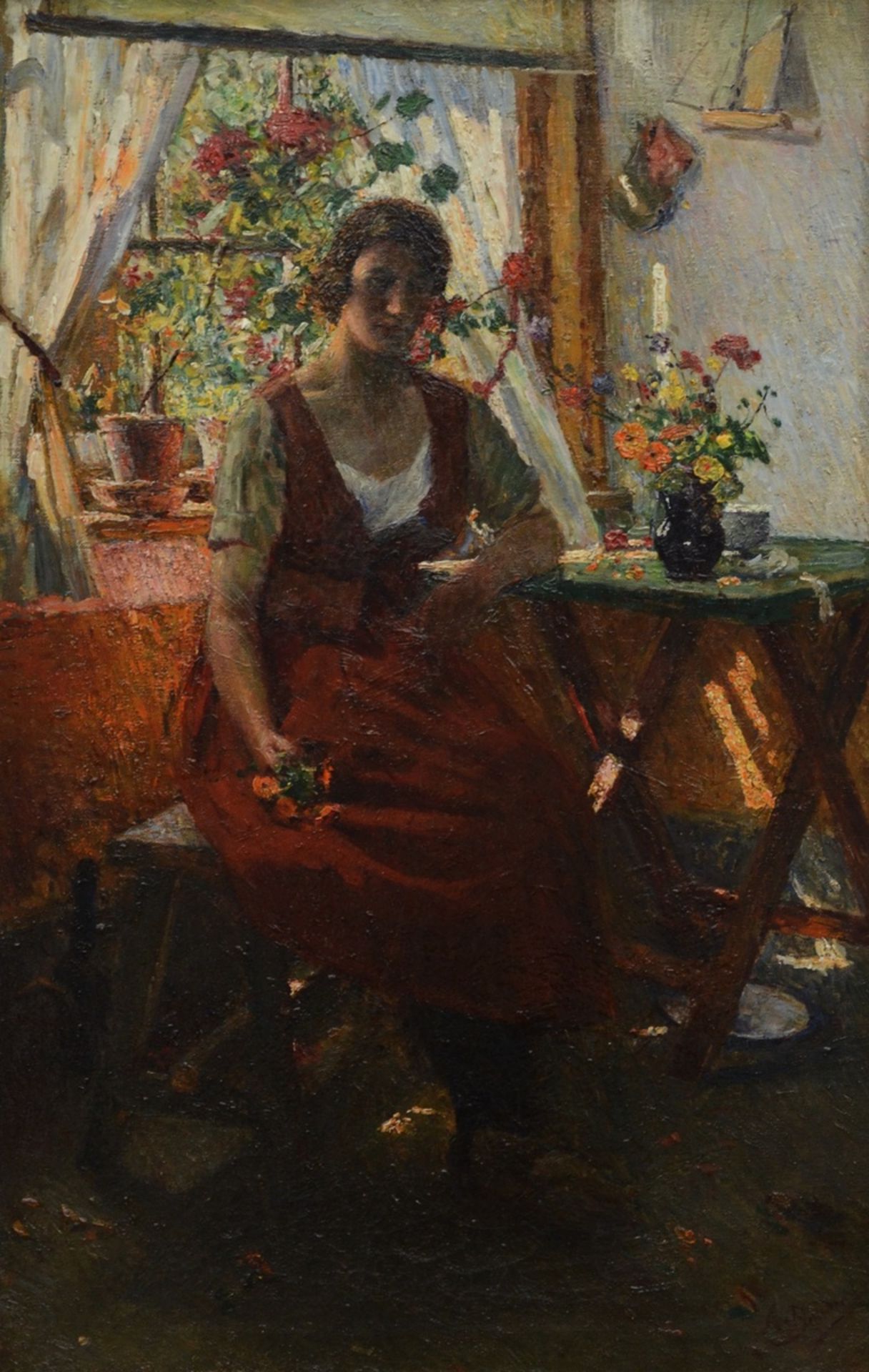 Aloïs Boudry: painting 'lady creating a bouquet' (71x45cm)