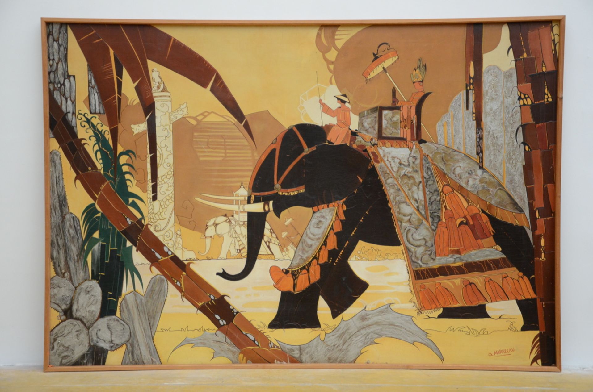 A. Marrecau: large painting on panel 'Oriental scene with elephant' (139x205cm) (*)