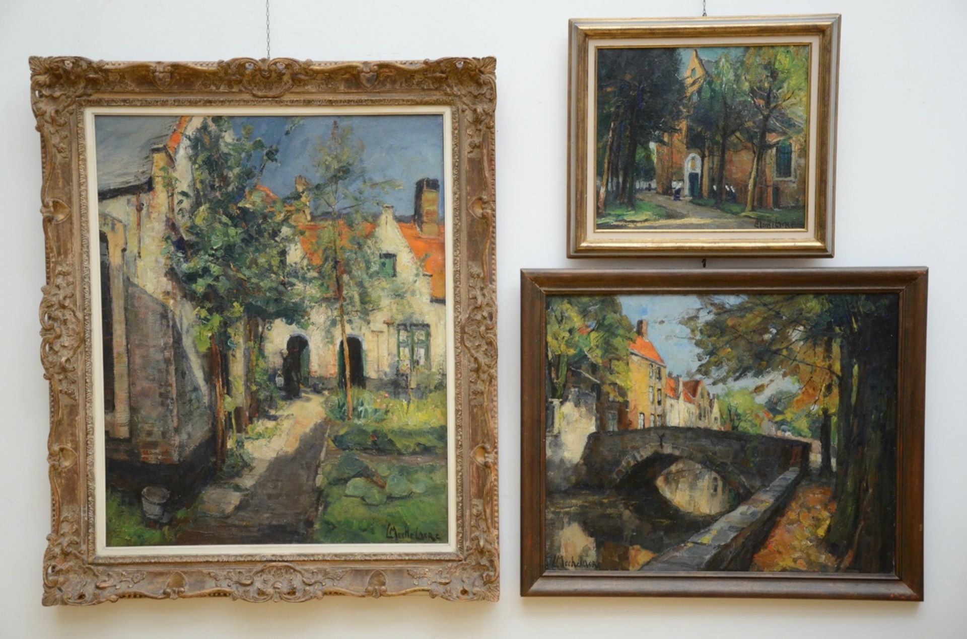 L. Mechelaere: 3 paintings (o/c) 'views of Bruges' (42x48)( 65x80) (100x80cm)