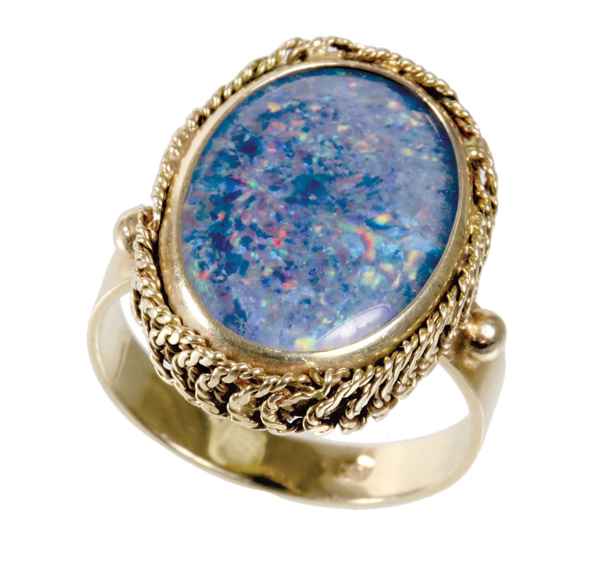Ring, GG 585/000, Opaldoublette in vorwiegend blau, rot und grünen Farbtönen, Ringkopf ca. ...