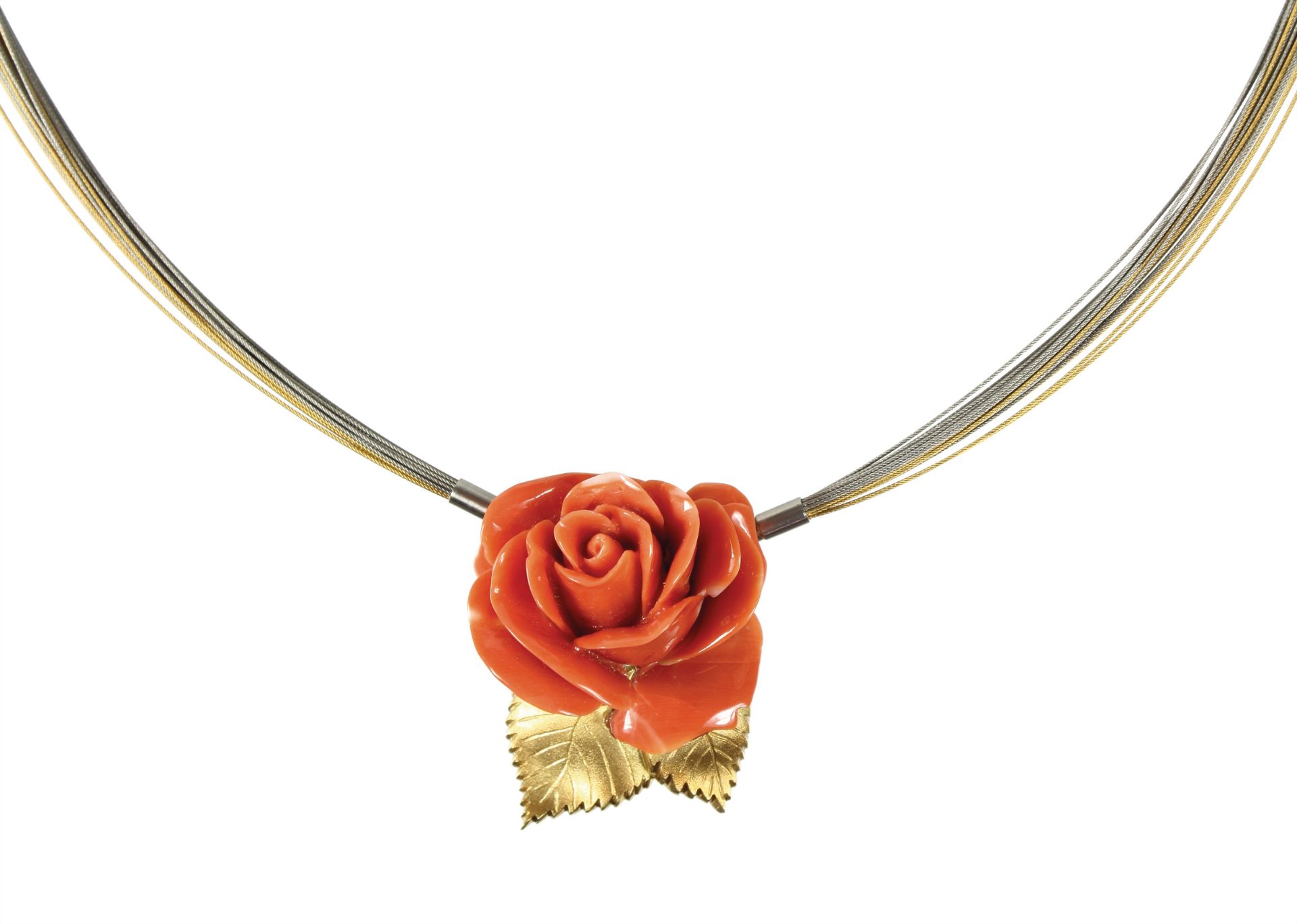 pendant/clasp, yellow gold 750/000, coral, plastic formed rose bloom, diameter  = c. 28.7 mm, ...