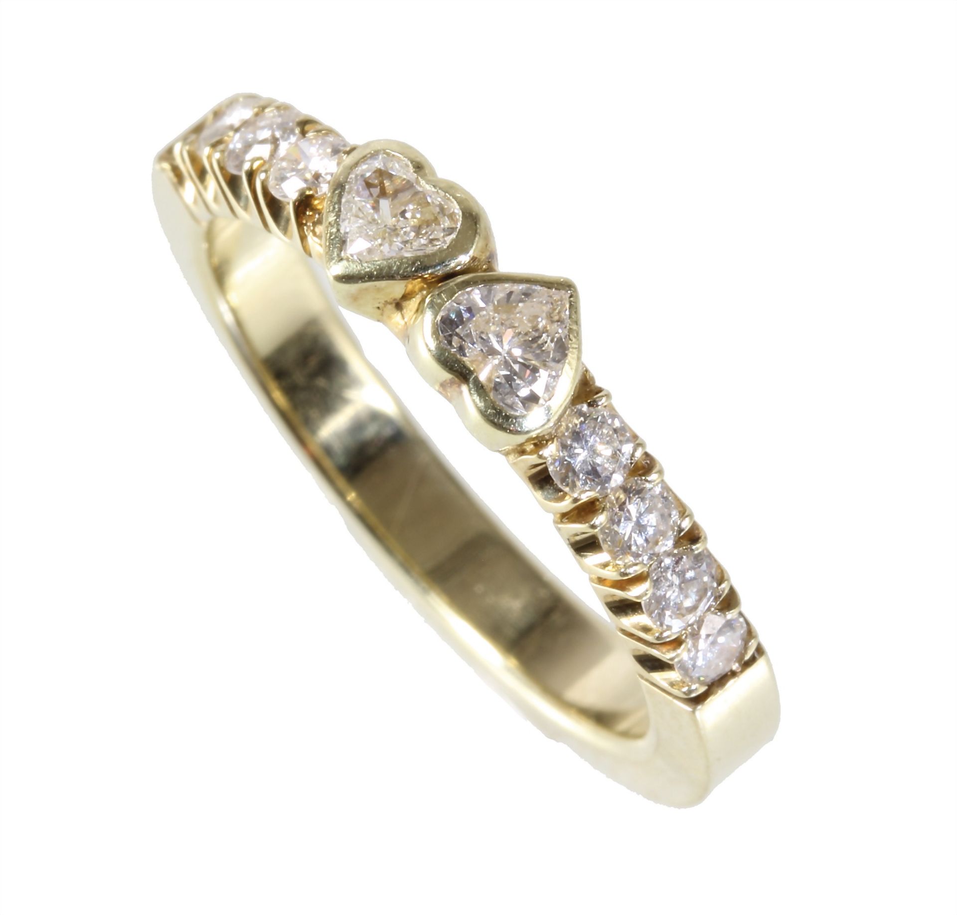 Ring, GG 585/000, 2 Diamant-Herzen ca. 0,3 ct tw-vsi, 8 Brillanten ca. 0,30 ct tw-vsi, RW ca. 51