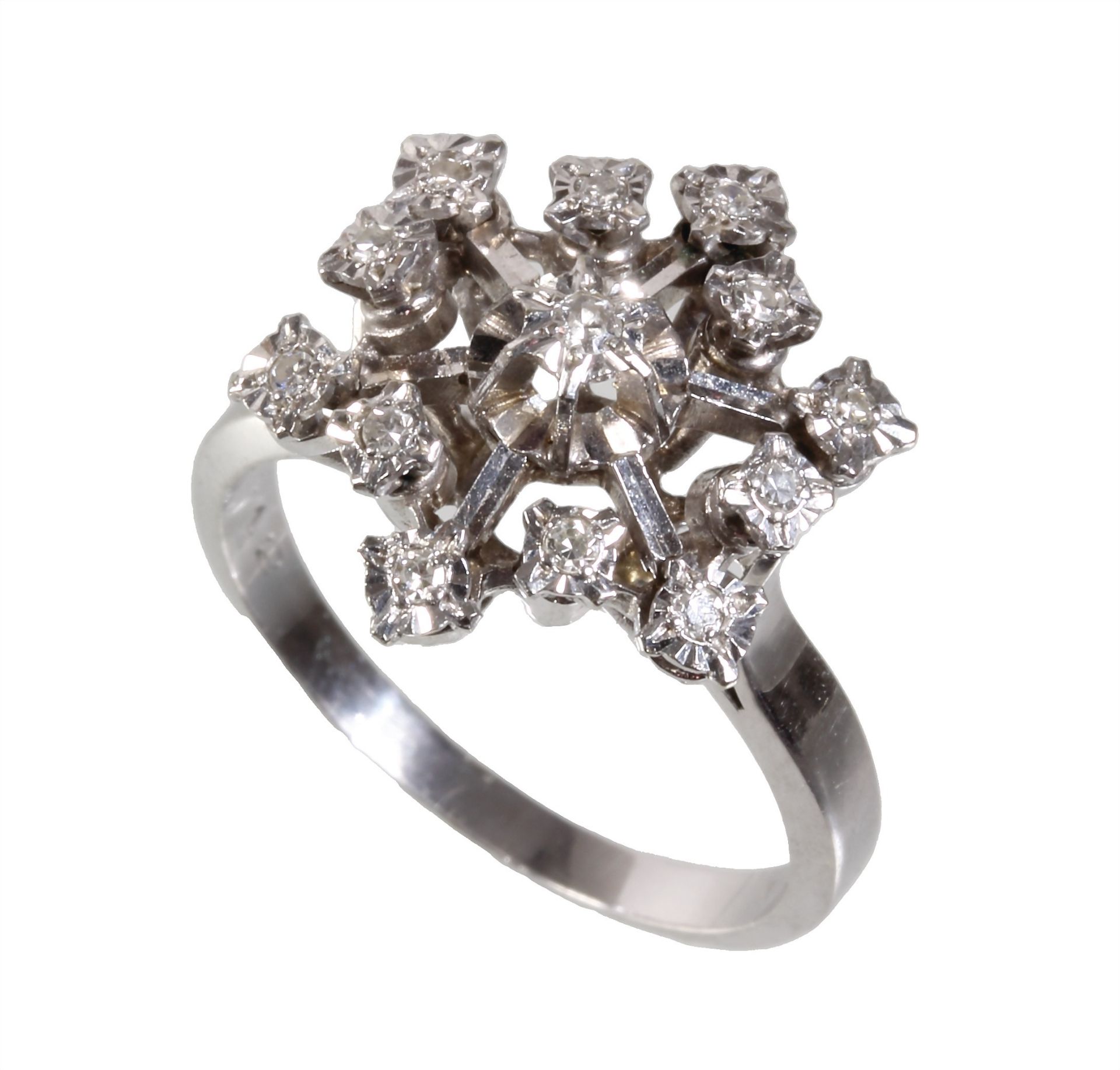 brilliant ring, white gold 585/000, 13 pieces 8/8 diamonds c. 0.12 ct white, ring width c. 56, ...