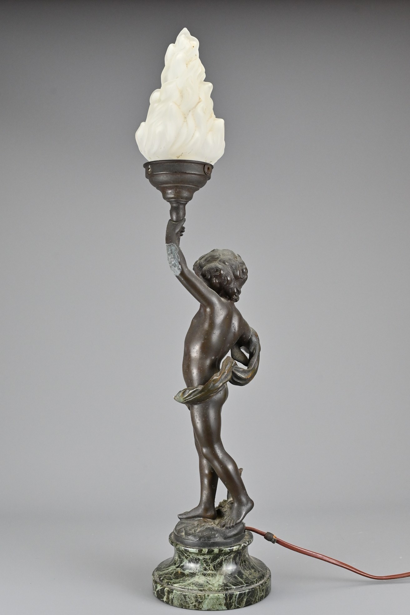 A 19th Century French Painted Spelter Table Lamp (after Auguste Moreau), depicting putti carrying - Image 2 of 9